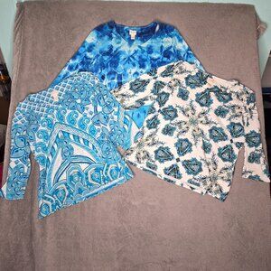3 Pc Lot Chico's Women's Sz 2 Large 3/4 Sleeve Shirts Blue Green White Cotton